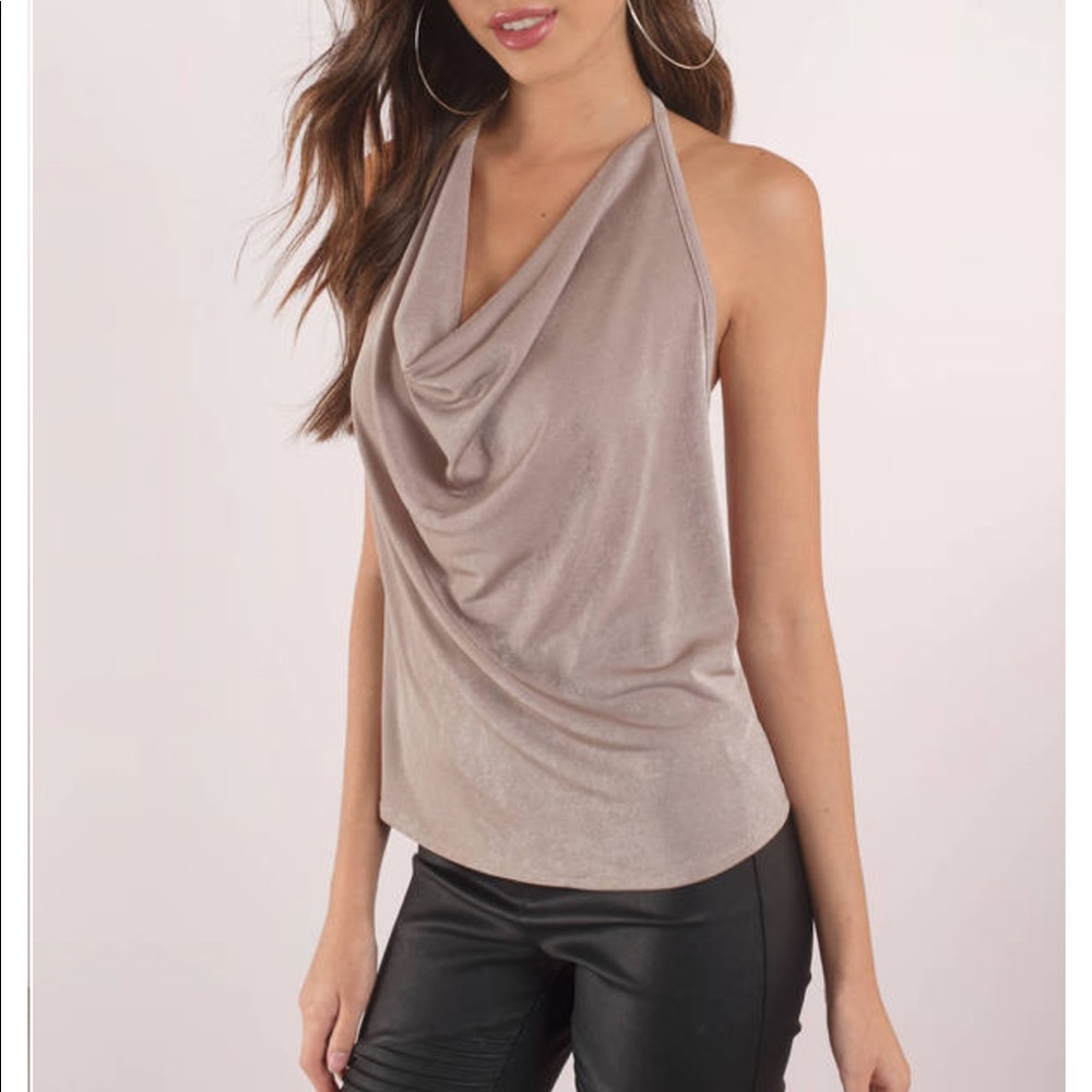 TAUPE COWL NECK HALTER TOP